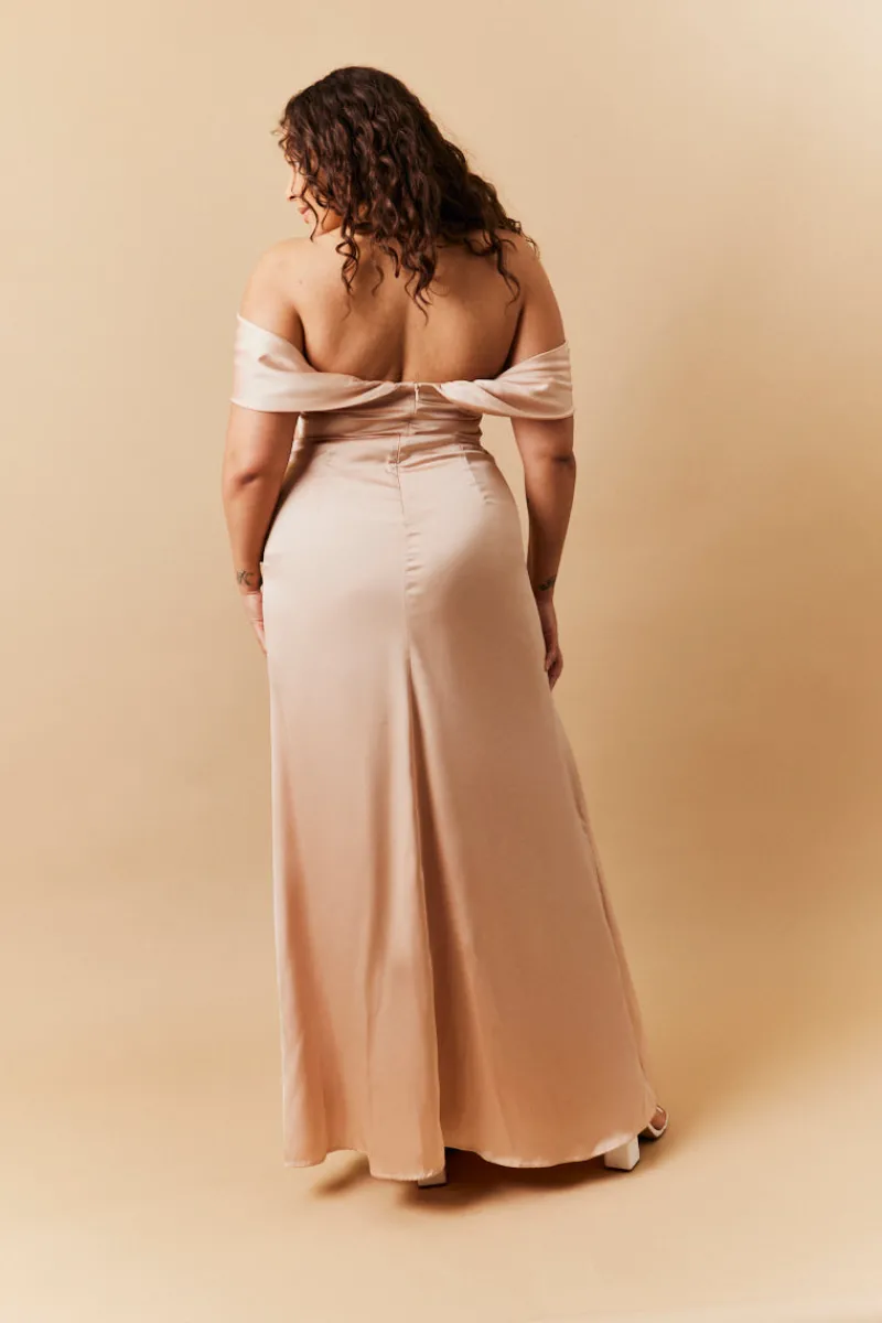 Light Gold Satin Bardot Ruched Maxi Dress|In The Style Hot