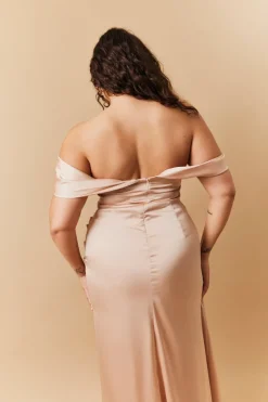 Light Gold Satin Bardot Ruched Maxi Dress|In The Style Hot