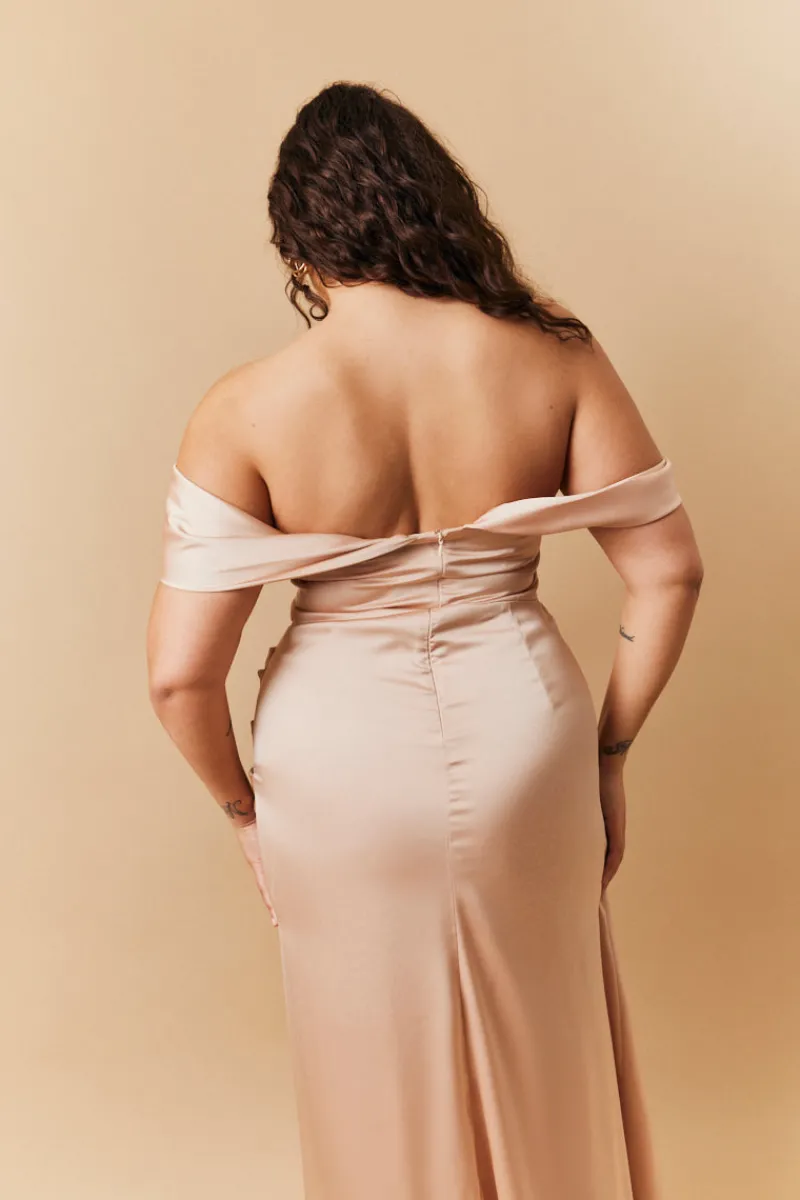 Light Gold Satin Bardot Ruched Maxi Dress|In The Style Hot