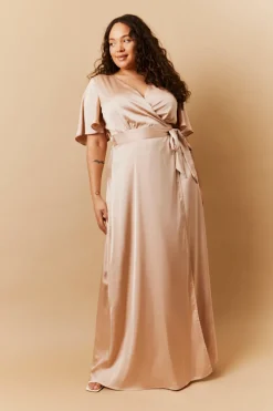 Light Gold Satin Wrap Tie Angel Sleeve Maxi Dress|In The Style Online