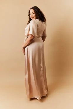 Light Gold Satin Wrap Tie Angel Sleeve Maxi Dress|In The Style Online