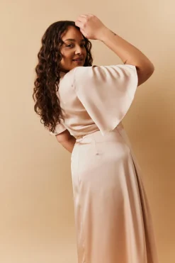 Light Gold Satin Wrap Tie Angel Sleeve Maxi Dress|In The Style Online