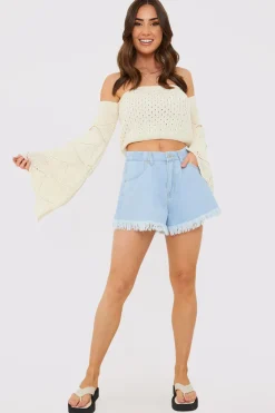 Light Wash Flared Denim Shorts|In the Style Online