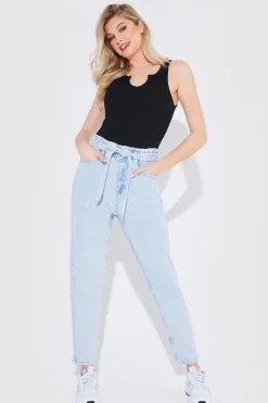 Light Wash Paperbag Tie Waist Jeans|Fits Discount