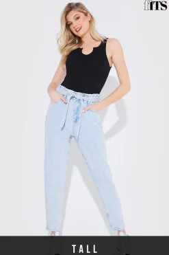 Light Wash Paperbag Tie Waist Jeans|Fits Discount