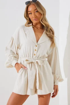 Linen Blend Belted Playsuit|In the Style Sale