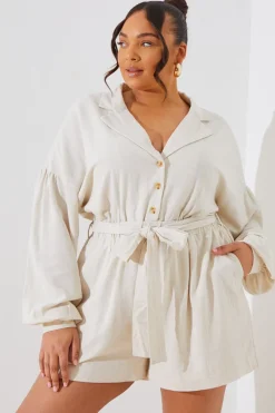 Linen Blend Belted Playsuit|In the Style Sale