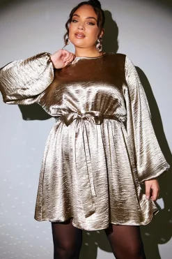 Liquid Satin Balloon Sleeve Belted Mini Dress|In the Style Online