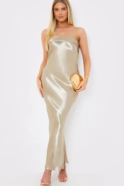 Liquid Satin Bandeau Cut Out Back Maxi Dress|In the Style