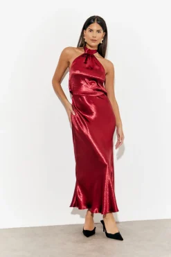 Liquid Satin Halterneck Cowl Back Midaxi Dress|In The Style Best