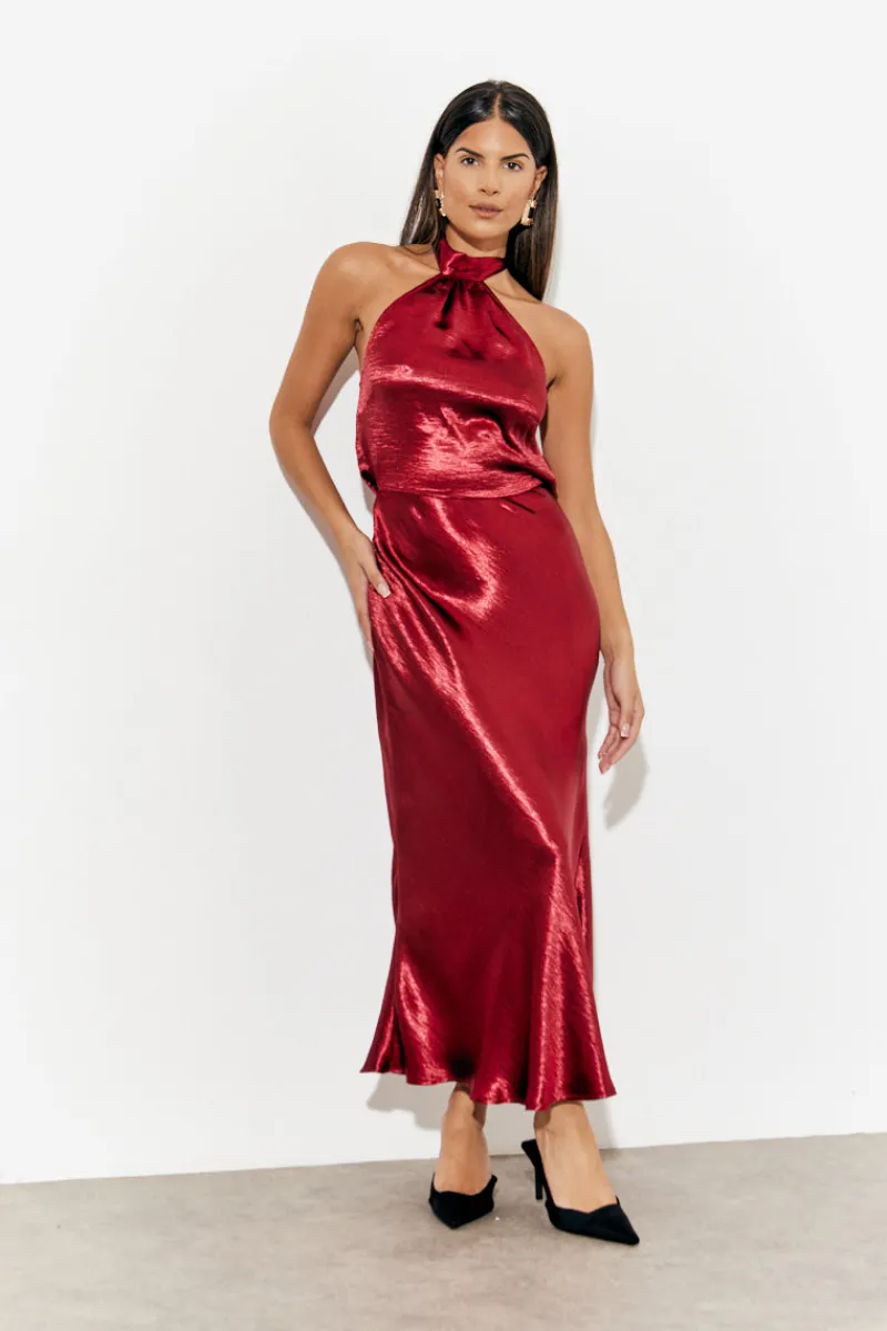 Liquid Satin Halterneck Cowl Back Midaxi Dress|In The Style Best