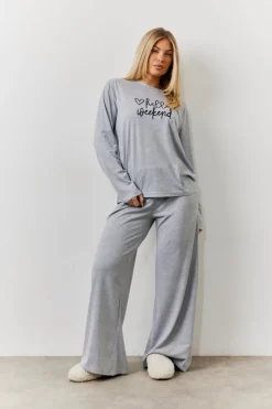 Long Sleeve Top and Trouser Slogan PJ Set|In The Style Hot