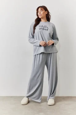 Long Sleeve Top and Trouser Slogan PJ Set|In The Style Hot