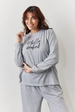 Long Sleeve Top and Trouser Slogan PJ Set|In The Style Hot
