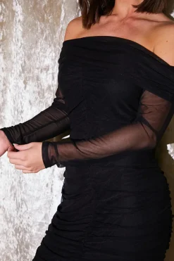 Mesh Bardot Ruched Midi Dress|In the Style Outlet
