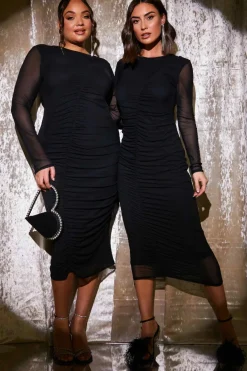 Mesh Long Sleeve Ruched Midi Dress|In the Style Discount