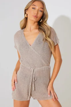 Metallic Knit Drawstring Playsuit|In the Style Discount
