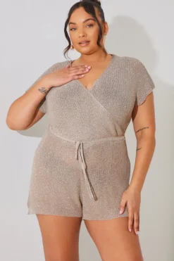Metallic Knit Drawstring Playsuit|In the Style Discount