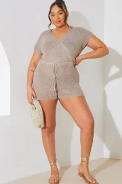 Metallic Knit Drawstring Playsuit|In the Style Discount