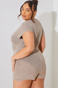 Metallic Knit Drawstring Playsuit|In the Style Discount