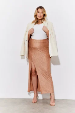 Metallic Rib Split Midaxi Co-Ord Skirt|In the Style Clearance