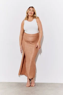 Metallic Rib Split Midaxi Co-Ord Skirt|In the Style Clearance