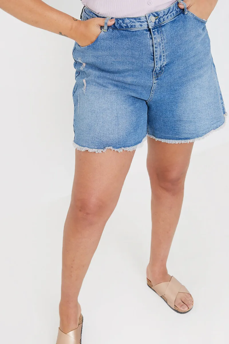Mid Wash Ripped Denim Shorts|In The Style Outlet