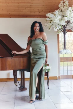 Satin Bardot Ruched Maxi Dress|In The Style New