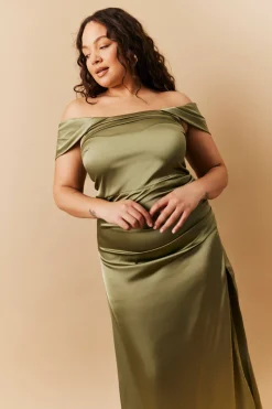 Satin Bardot Ruched Maxi Dress|In The Style New