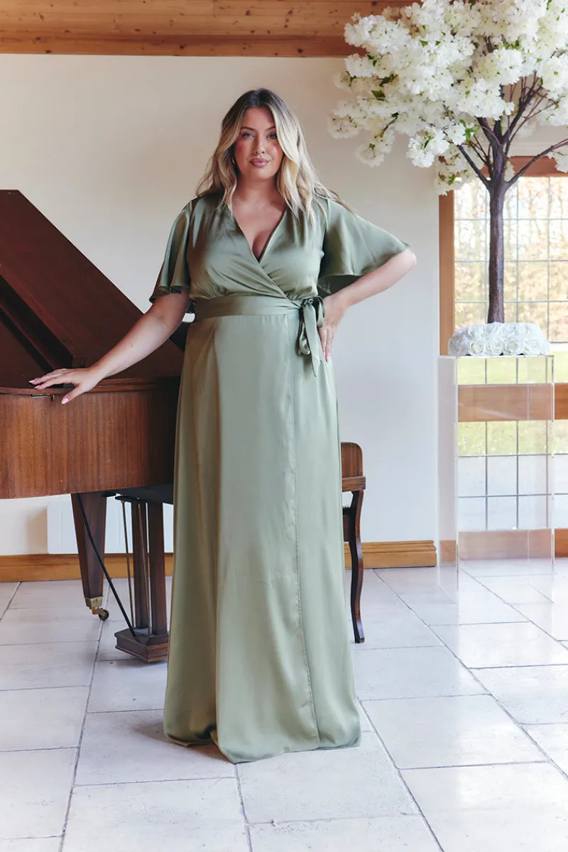 Satin Wrap Tie Angel Sleeve Maxi Dress|In The Style Clearance
