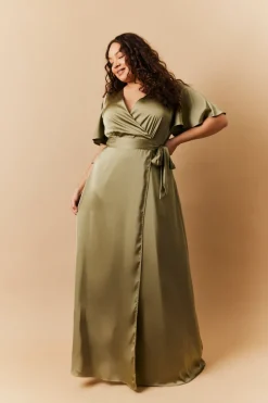 Satin Wrap Tie Angel Sleeve Maxi Dress|In The Style Clearance