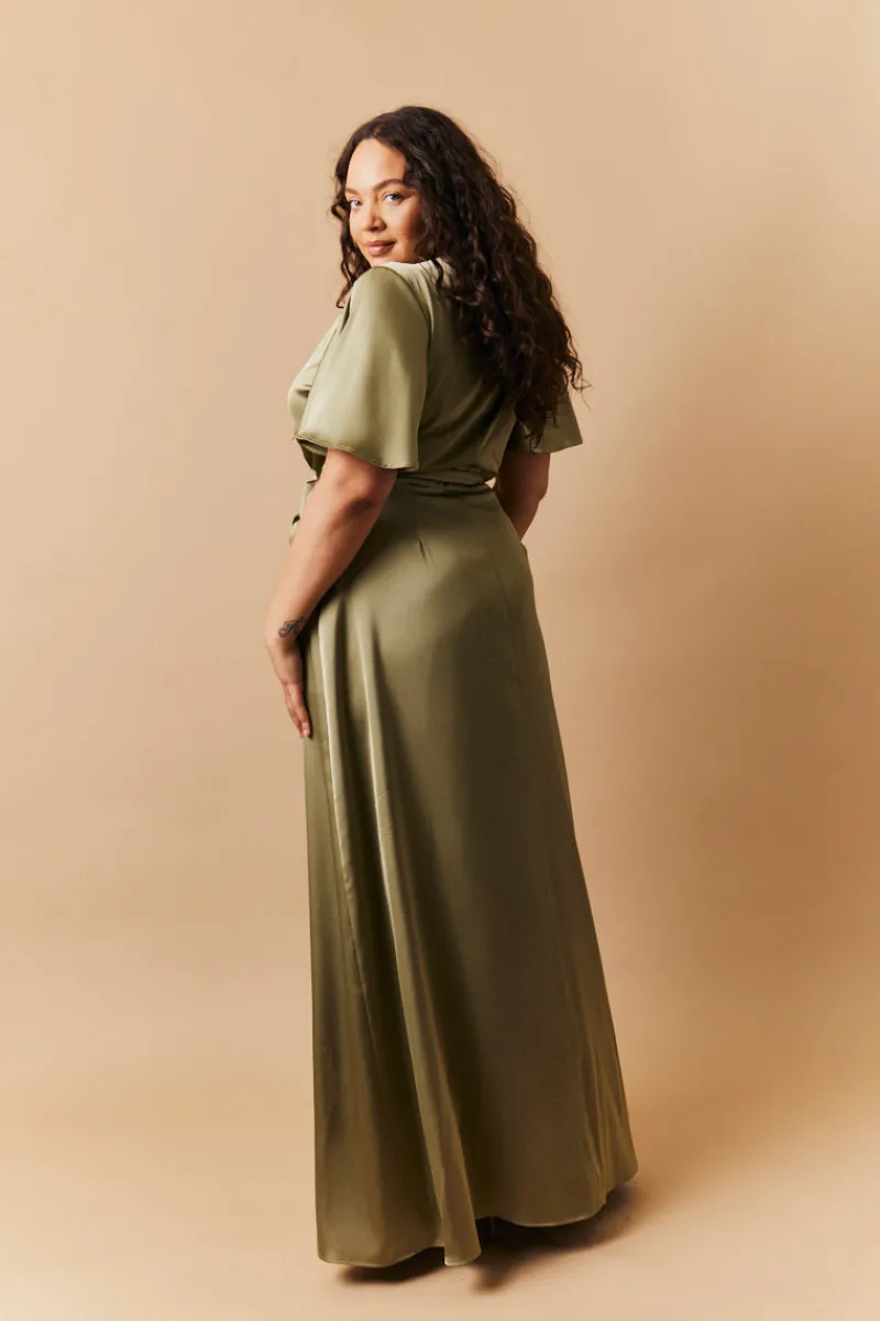 Satin Wrap Tie Angel Sleeve Maxi Dress|In The Style Clearance