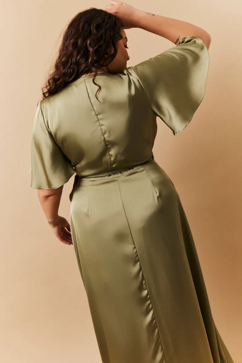 Satin Wrap Tie Angel Sleeve Maxi Dress|In The Style Clearance