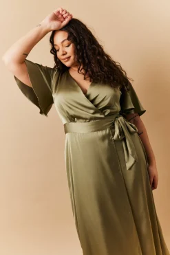 Satin Wrap Tie Angel Sleeve Maxi Dress|In The Style Clearance