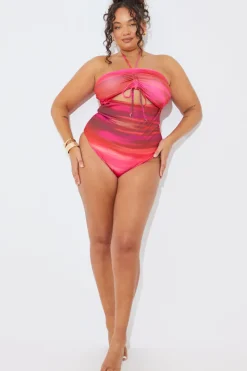 Ombre Print Cut Out Tie Detail Halterneck Swimsuit|In the Style New