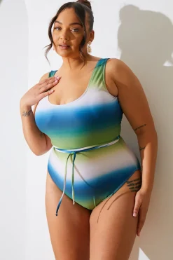 Ombre Scoop Neck Belt Detail Swimsuit|In the Style Sale