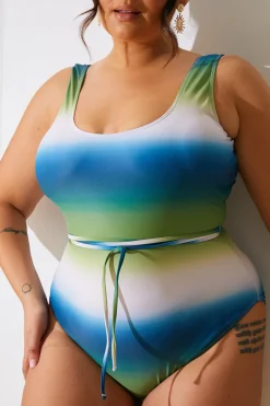 Ombre Scoop Neck Belt Detail Swimsuit|In the Style Sale