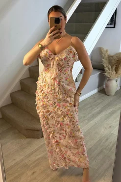 Pink Floral Frill Detail Maxi Dress|In The Style Hot