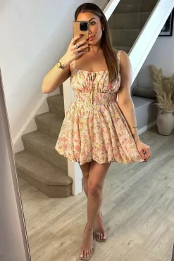 Pink Floral Milkmaid Bubble Hem Mini Dress|In The Style Sale