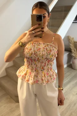 Pink Floral Print Shirred Cami Top|In The Style Outlet