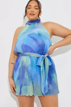Plisse Abstract Halterneck Belted Playsuit|In the Style Online
