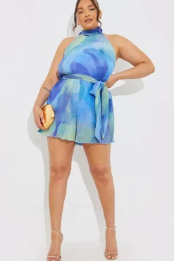 Plisse Abstract Halterneck Belted Playsuit|In the Style Online