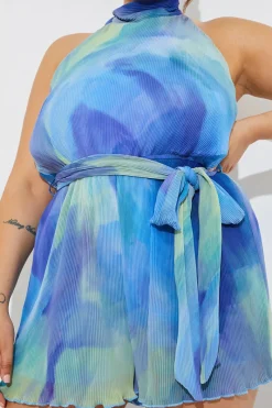 Plisse Abstract Halterneck Belted Playsuit|In the Style Online