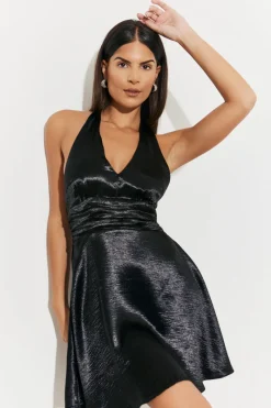 Plunge Halterneck Tie Back Satin Mini Dress|In the Style Clearance