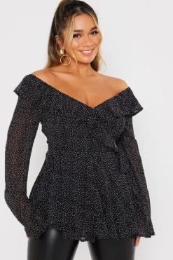 Polka Dot Print Off The Shoulder Top With Tie Waist|In the Style