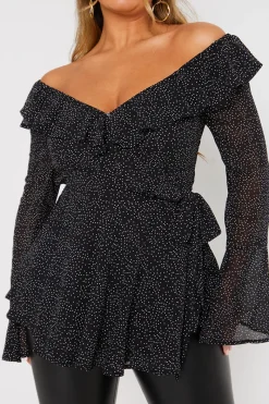 Polka Dot Print Off The Shoulder Top With Tie Waist|In the Style