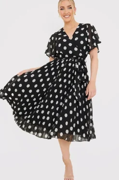 Polka Dot Print Pleated Wrap Midi Dress|In the Style Hot