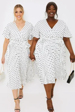 Polka Dot Print Pleated Wrap Midi Dress|In the Style Hot