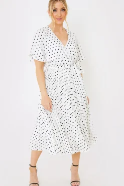 Polka Dot Print Pleated Wrap Midi Dress|In the Style Hot