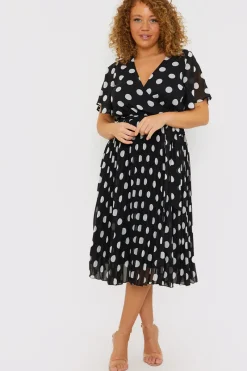 Polka Dot Print Pleated Wrap Midi Dress|In the Style Hot
